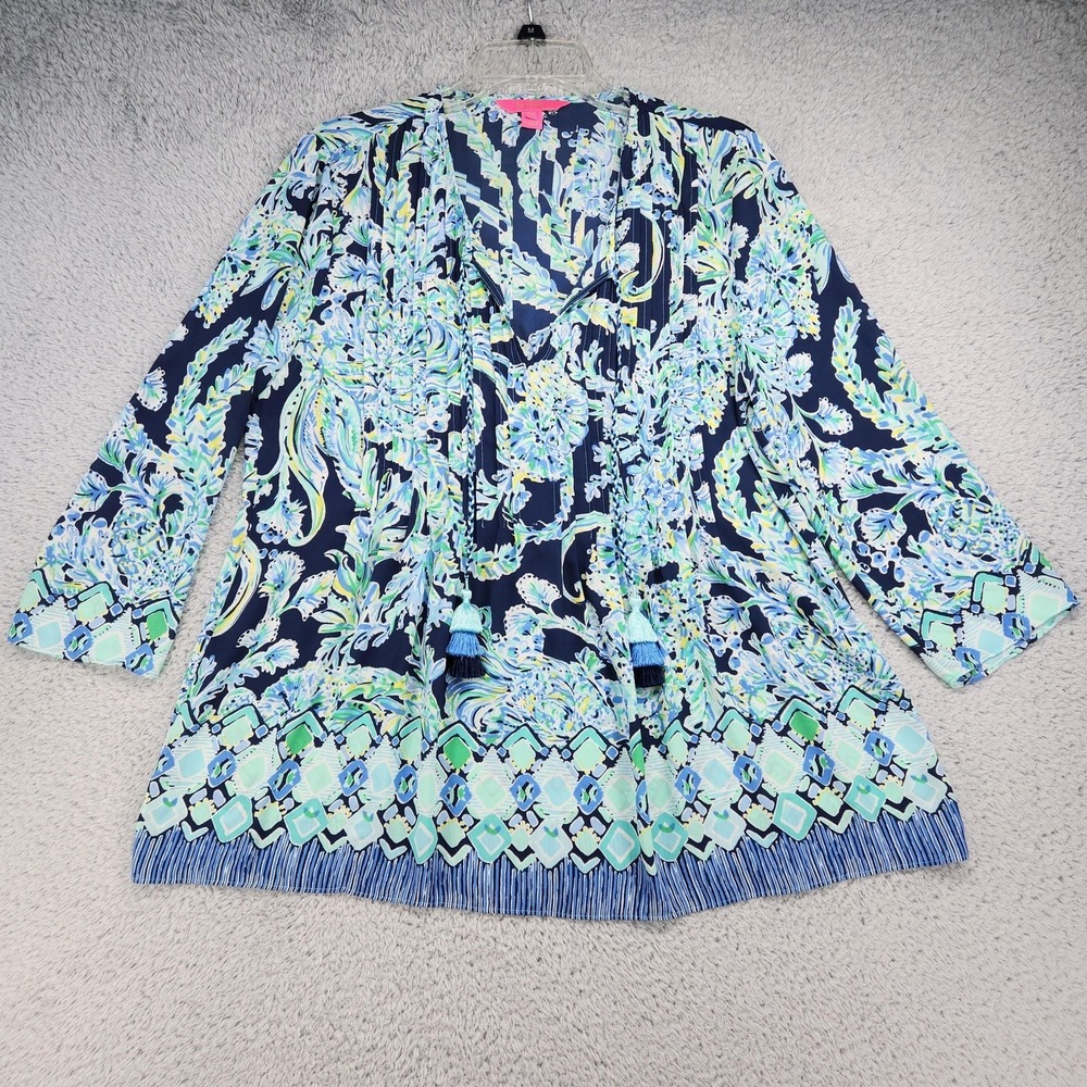 Lilly Pulitzer Blouse Womens Medium Blue V Neck 3/4 Sleeve Tunic Top Tassel